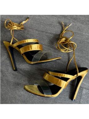 Metallic Mustard Gold & Clear Lace-Up Heels - Size 6